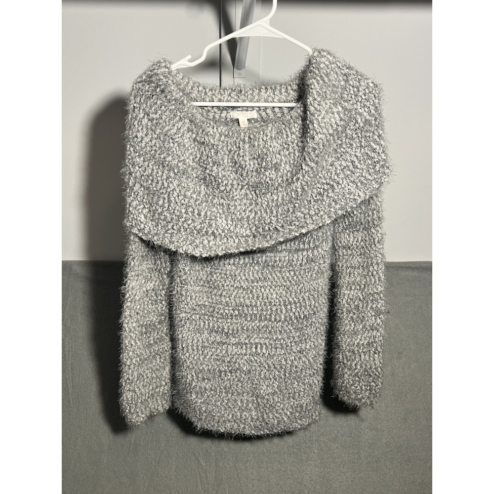 LC Lauren Conrad Women's M Gray Fuzzy Knit Off-Shoulder Cowl Neck Pullover‎